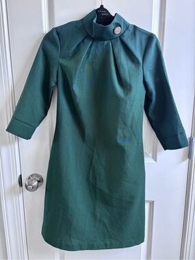 Emerald Green Mini Dress with Decorative Button Mock Neck